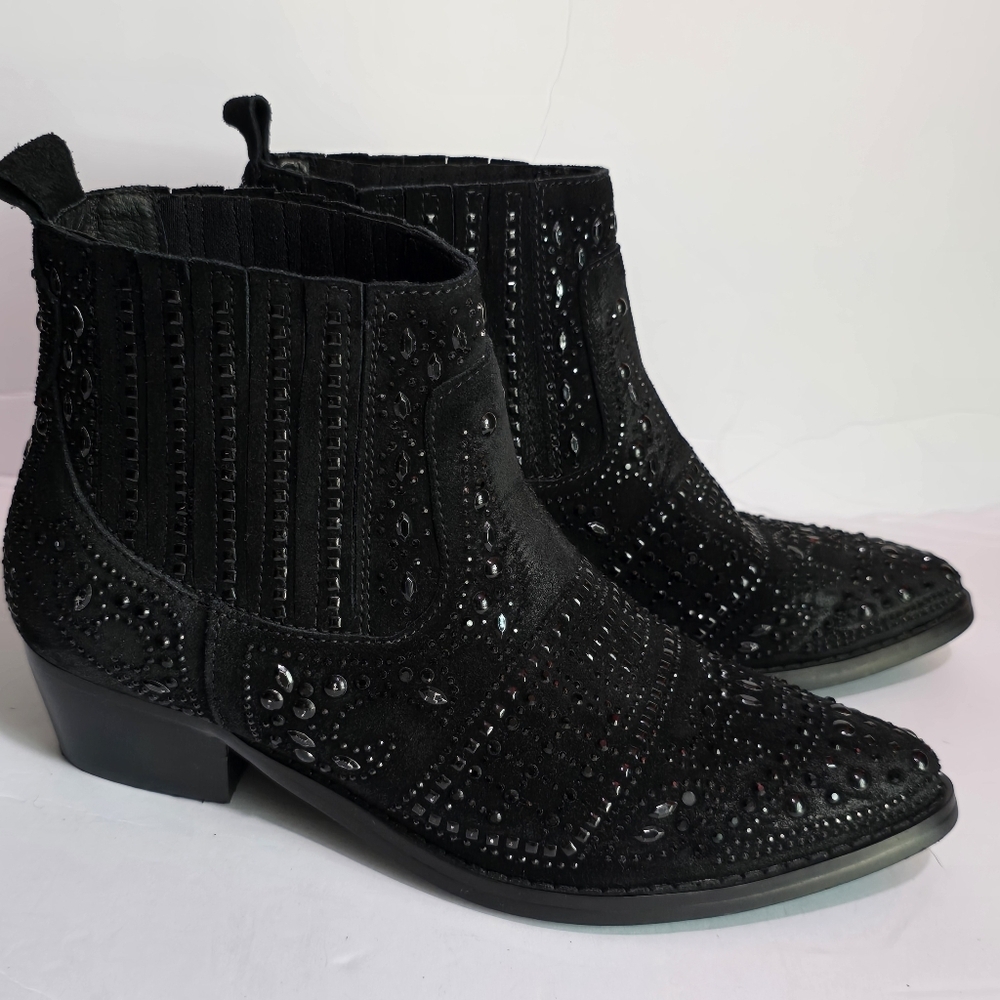 Bibi Lou Black Suede Beaded Pointed Toe Stack Heel Bedazzled Bootie, Sz 38